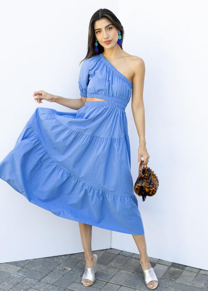 Steve Madden Leena Maxi Dress - Blue One Shoulder Cut Out Maxi