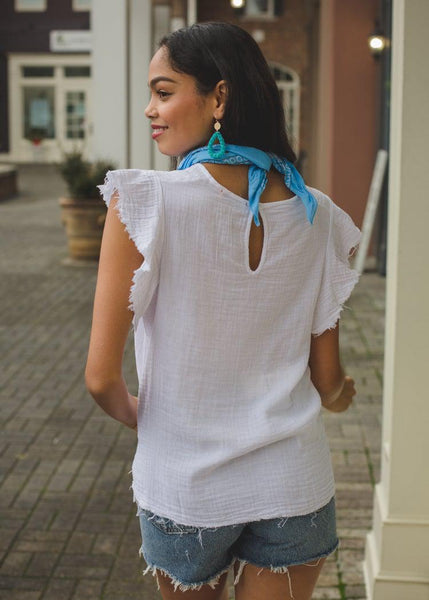 Stark X V Neck Ruffle Sleeve Gauzy Blouse - White- $92.00 – Hand