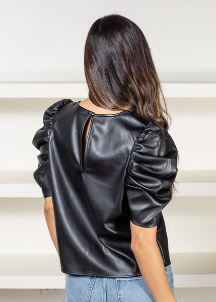 Kira Vegan Leather Puff Sleeve Top