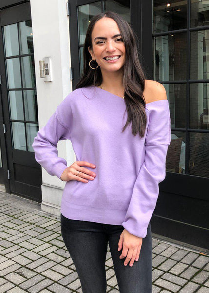 Line Dot Favorite Off Shoulder Sweater Lilac Hand In Pocket