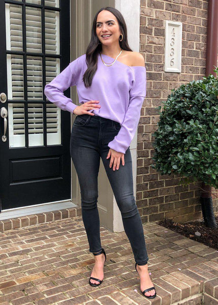 this lilac off-the-shoulder sweater is only $21!
