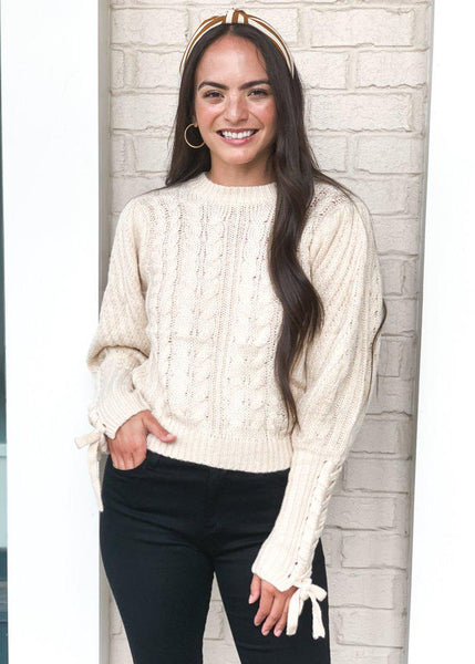 525 America Lace Up Sleeve Cable Knit Sweater - Oatmeal - ON