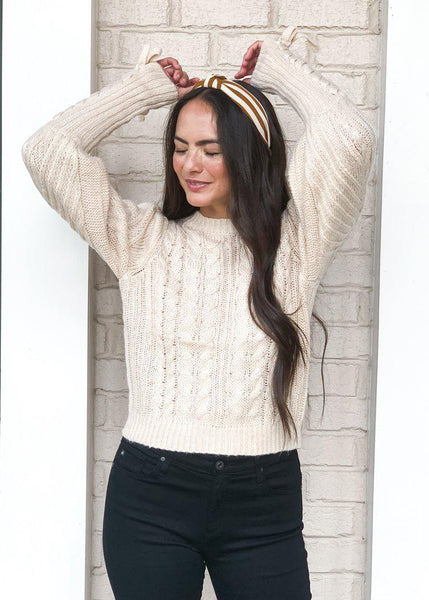 525 America Lace Up Sleeve Cable Knit Sweater - Oatmeal