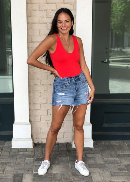 NikiBiki Fiery Red Ribbed V Neck Tank Bodysuit-$32 – Hand In Pocket