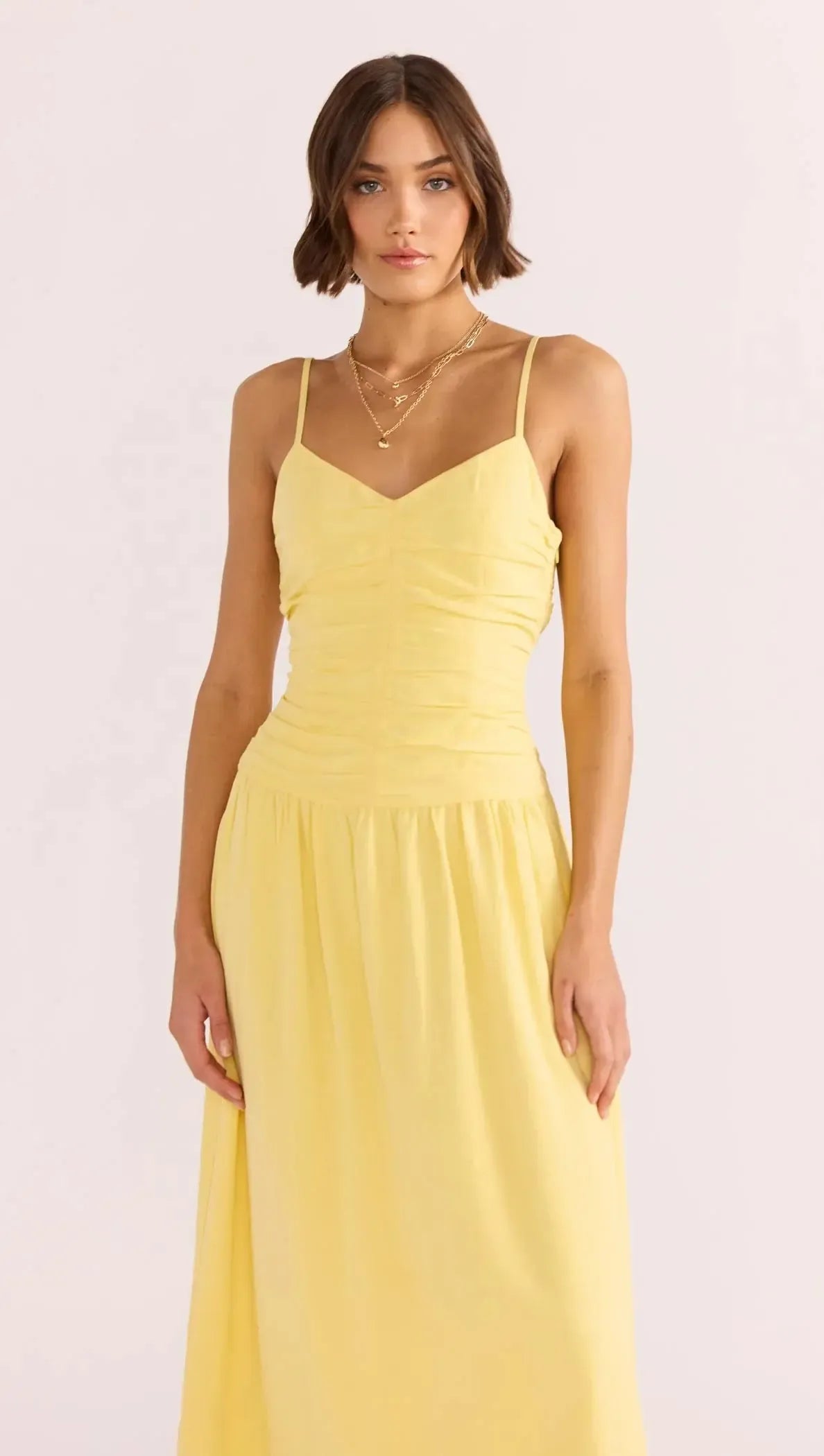 MINKPINK Ophelia Ruched Midi Dress- Lemon-Hand In Pocket