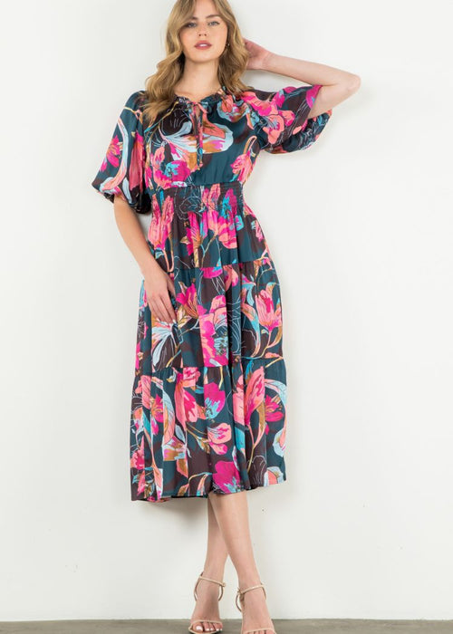 THML Dorothy Floral Midi Dress-Hand In Pocket