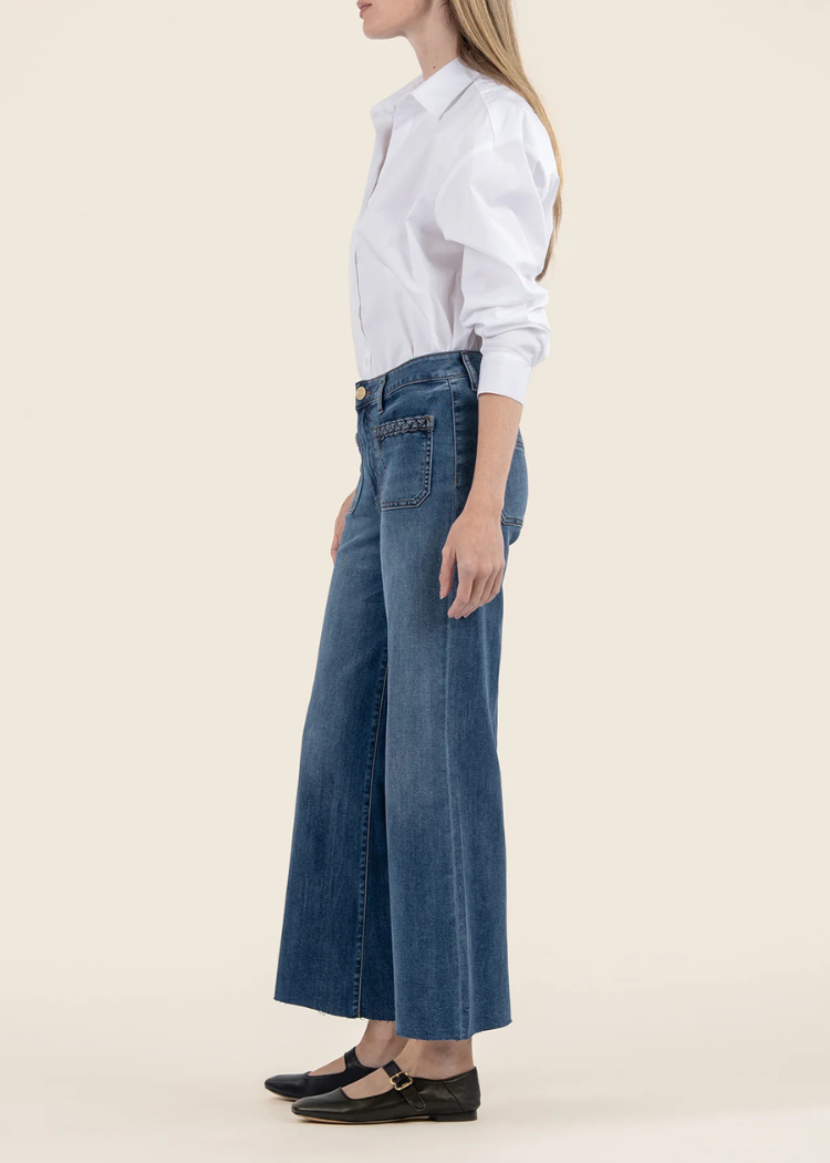 KUT Meg High Rise Wide Leg Patch Pocket Denim- Fame-Hand In Pocket