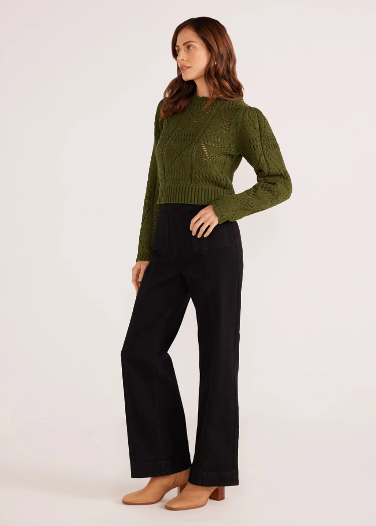 MINKPINK Sally Pointelle Knit Jumper- Forrest Green ***FINAL SALE***-Hand In Pocket