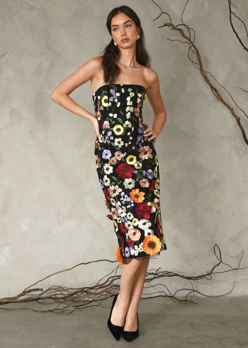 Adelyn Rae Beth 3D Floral Midi Dress- Black Multi-Hand In Pocket