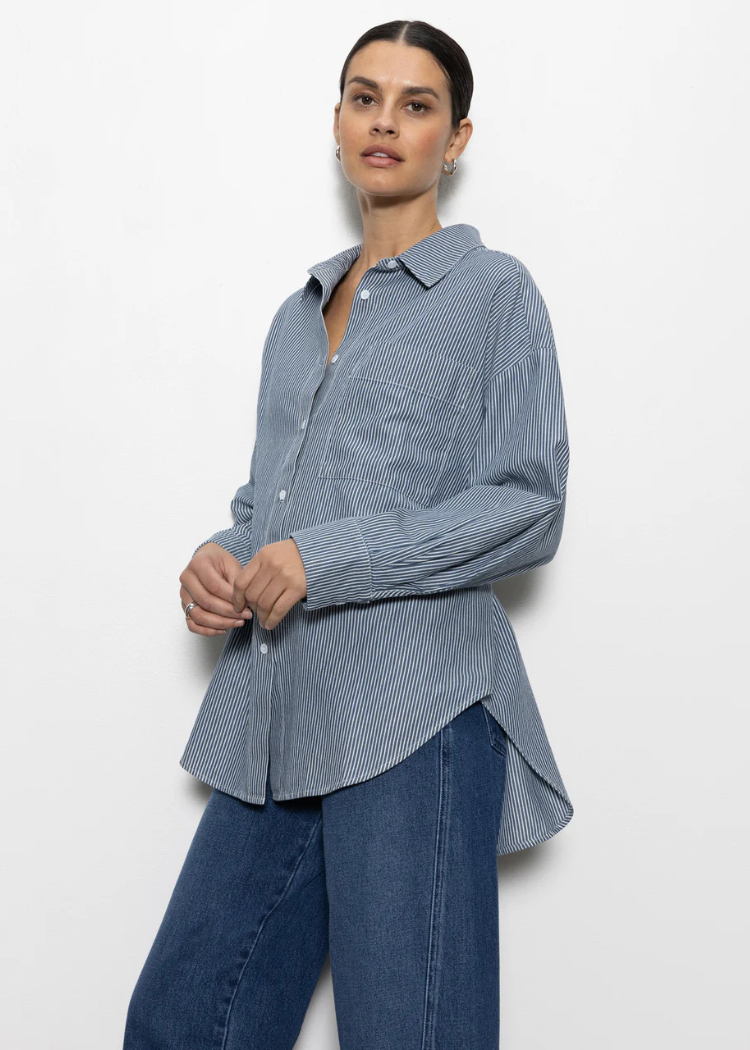 Sanctuary Boyfriend Tie Back Shirt- Marina Stripe-Hand In Pocket