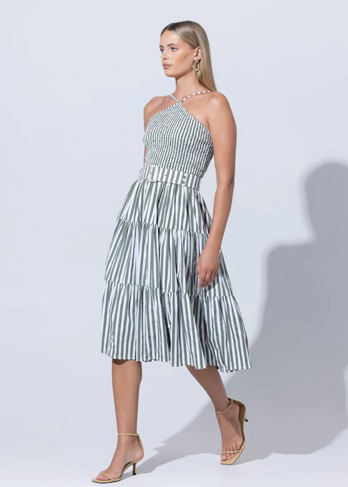 Lusana Arien Belted Poplimn Midi Dress- Olive