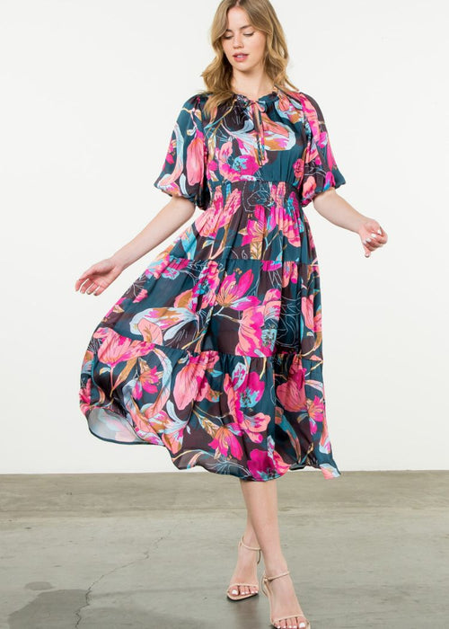 THML Dorothy Floral Midi Dress-Hand In Pocket