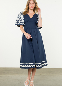 THML MiMi Embroidered Midi Dress- Navy-Hand In Pocket