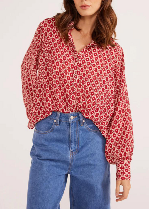 Mink Pink Annie Button Down Blouse- Red Geo-Hand In Pocket