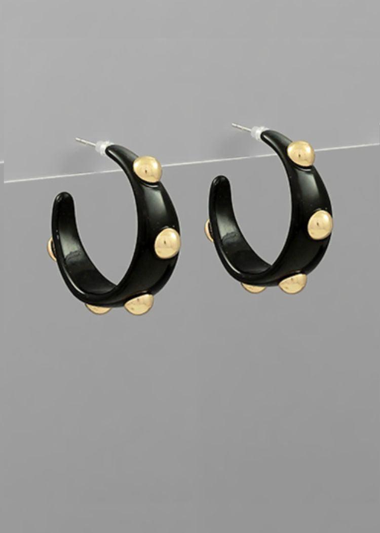 Janine Studded Gold Ball Hoops - Black-Hand In Pocket