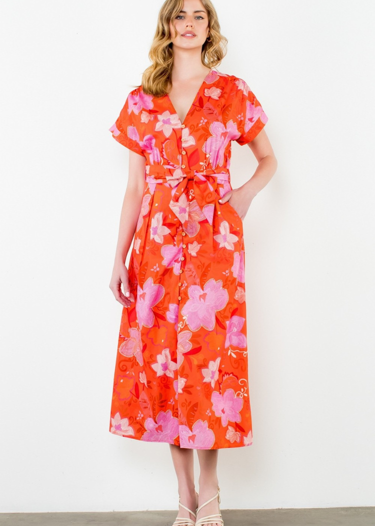 THML Kelly Floral Dress- Red-Hand In Pocket