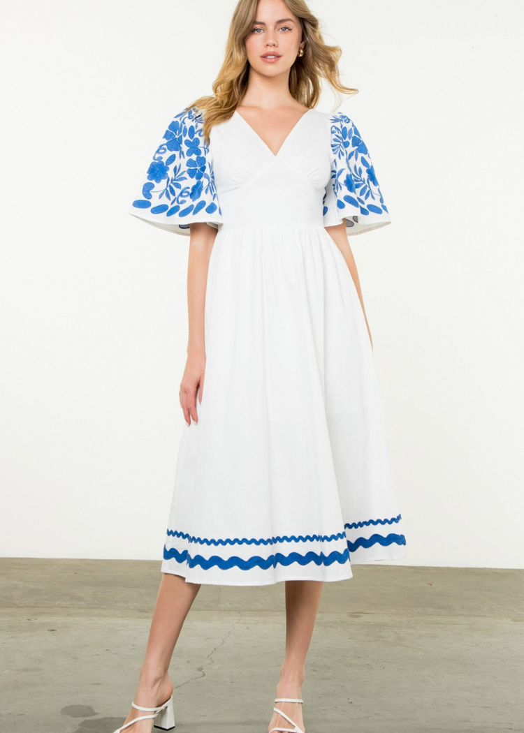 THML MiMi Embroidered Midi Dress- WH-Hand In Pocket