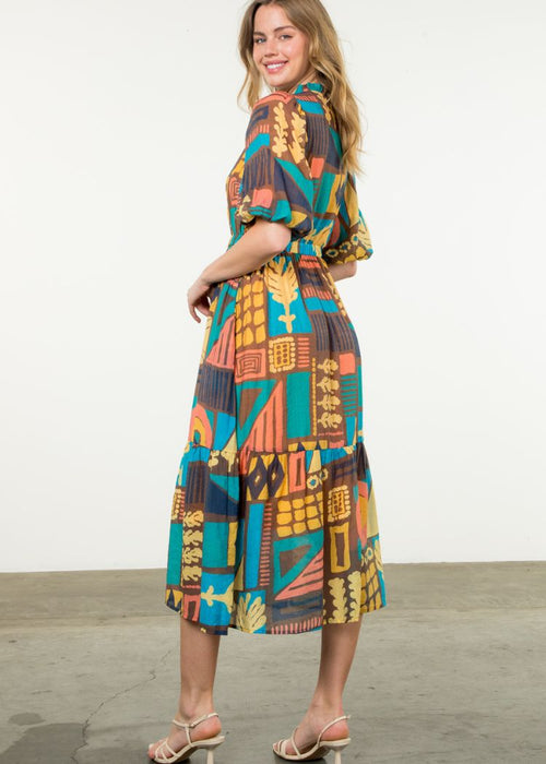 THML Audrina Abstract Print Dress- Brown-Hand In Pocket