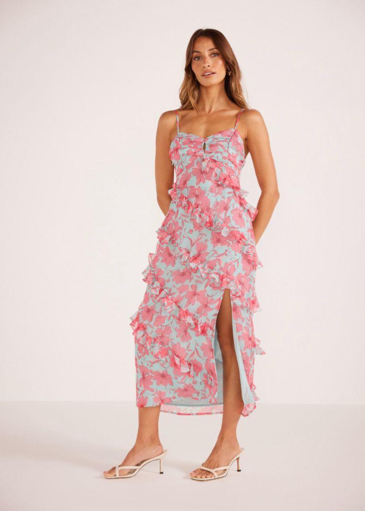 MINKPINK Auretta Ruffle Midi Dress - Pink Floral ***FINAL SALE***-Hand In Pocket