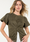 THML Gwen Suede Puff Sleeve Top-Hand In Pocket