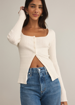 Z Supply Emelie Button Up Sweater- Sea Salt-Hand In Pocket