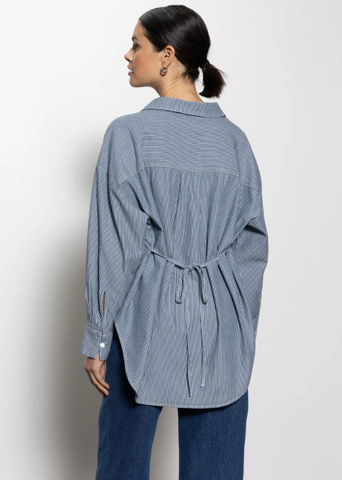 Sanctuary Boyfriend Tie Back Shirt- Marina Stripe-Hand In Pocket