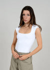 RD Style Tiara Rounded Square Capsleeve Bodysuit- White-Hand In Pocket