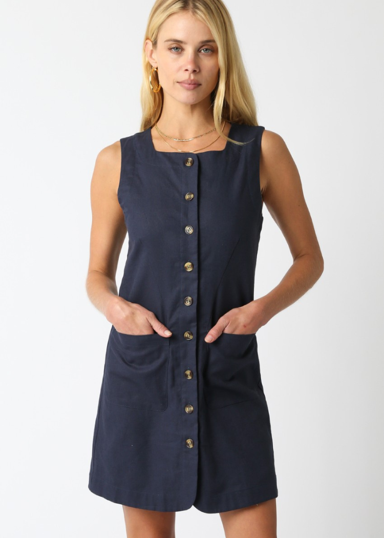 Talia Easy Shift Linen Mini Dress-Navy-Hand In Pocket