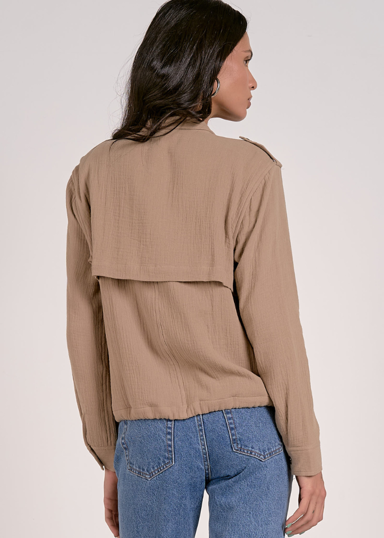 Elan Flora Utility Jacket- Khaki-Hand In Pocket