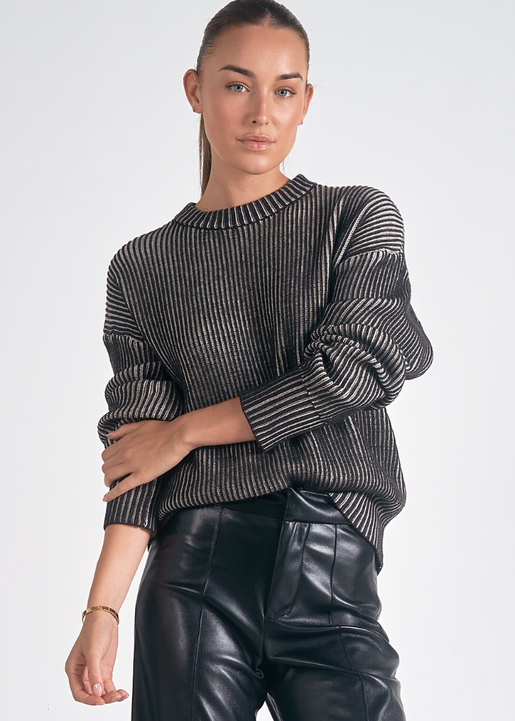 Elan Kay Ribbed Sweater- Black/ White-Hand In Pocket