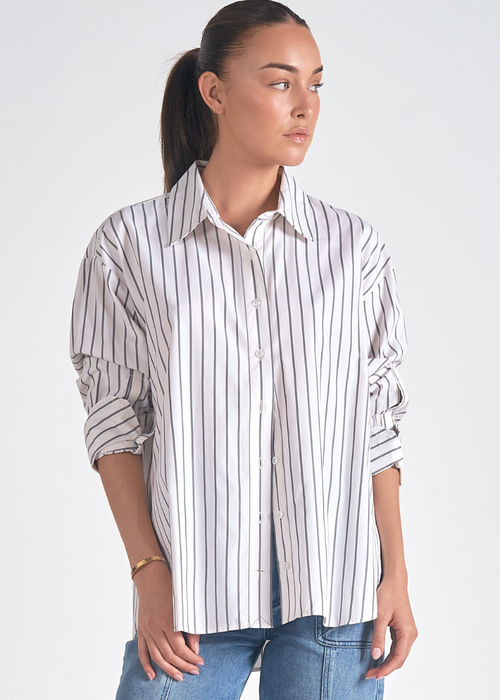 Elan Bethany L/S Buttondown Top- White Grey Stripe-Hand In Pocket