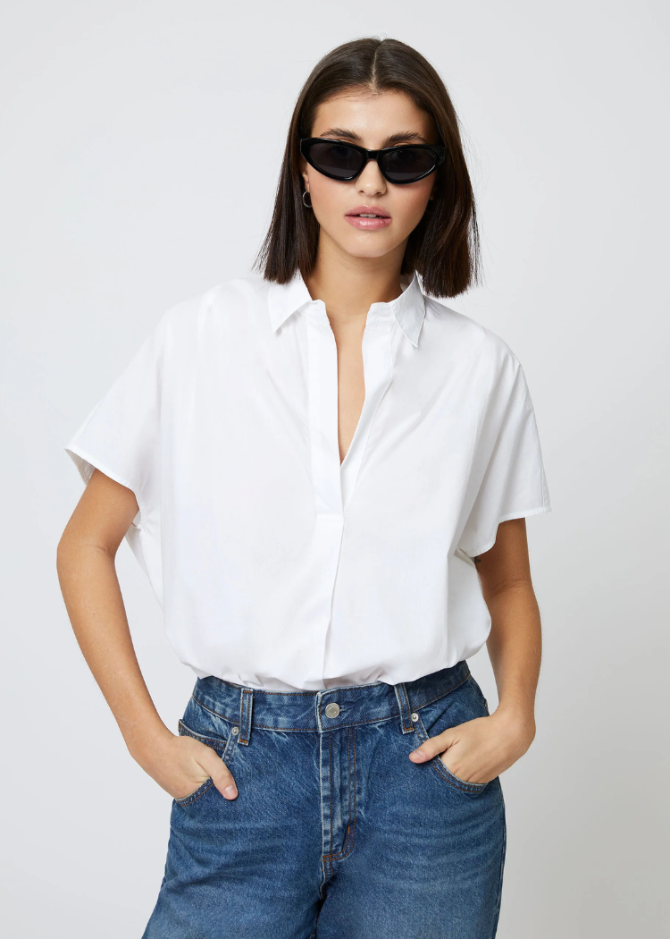 French Connection Cele Rhodes Poplin Blouse- White-Hand In Pocket