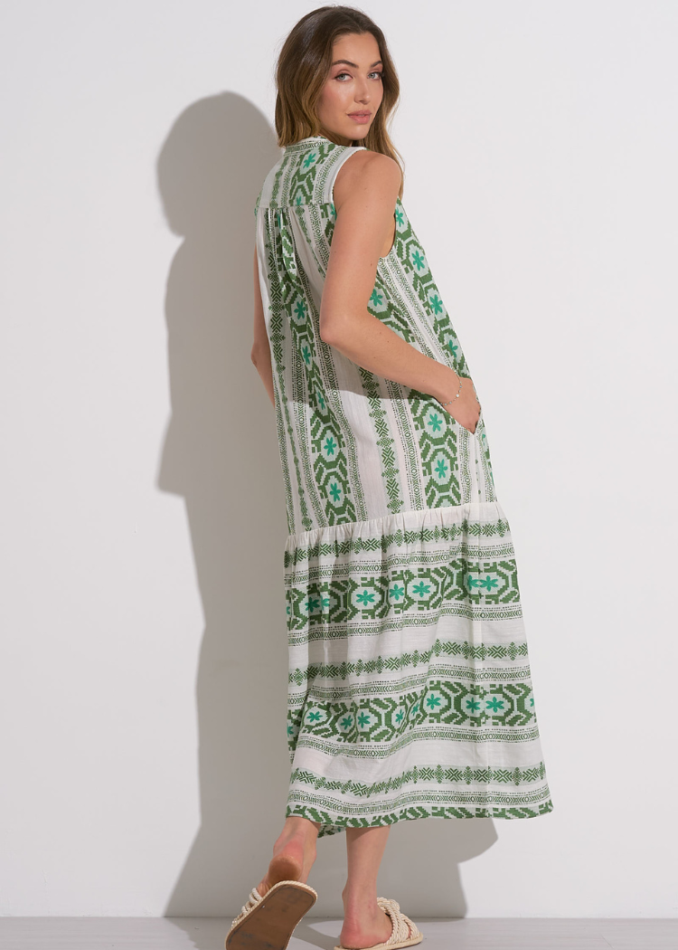 Elan Stacy Embroidered Maxi Dress- White Green-Hand In Pocket