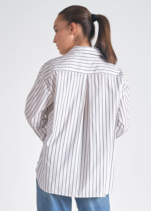 Elan Bethany L/S Buttondown Top- White Grey Stripe-Hand In Pocket