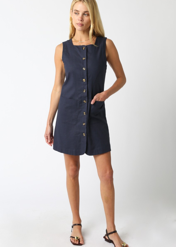 Talia Easy Shift Linen Mini Dress-Navy-Hand In Pocket