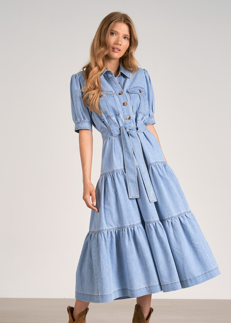 Elan Daniella Midi Dress - Denim-Hand In Pocket