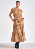 Elan Amelia Midi Cap Sleeve Dress- Taupe-Hand In Pocket