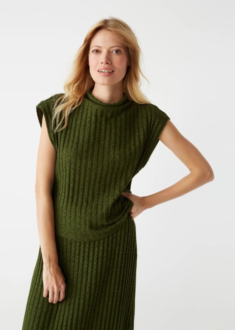 Nara Mock Neck Top- DK Matcha-Hand In Pocket