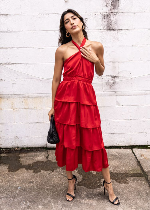 Adelyn Rae Eleanor Halter Tiered Midi Dress- Crimson Red-Hand In Pocket