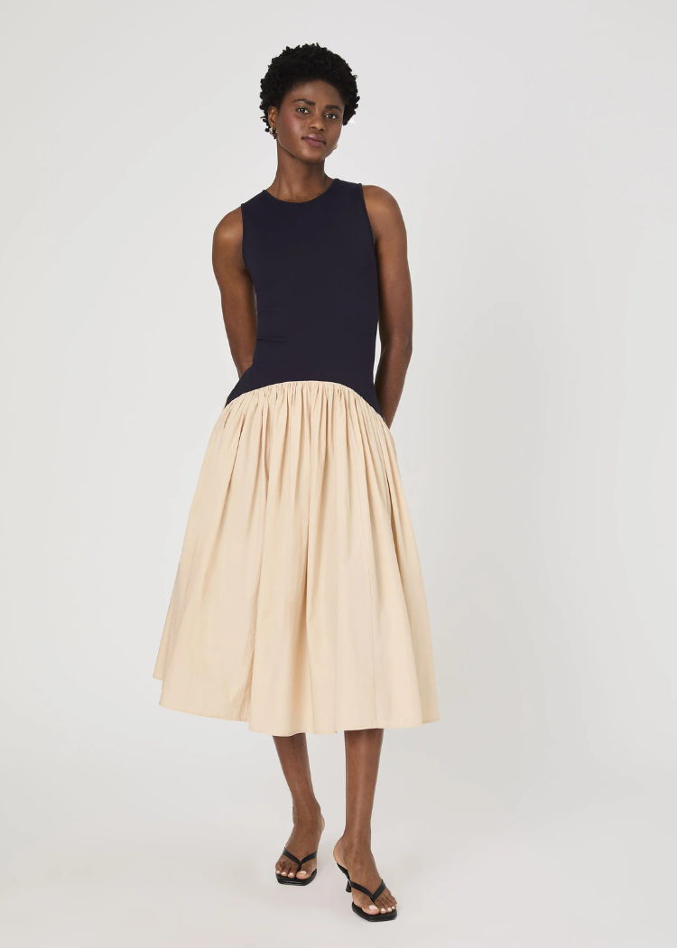 French Connection Kayle Jia Midi Dress- Navy Biscuit-Hand In Pocket