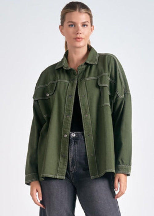 Elan Tanner Button Up Jacket- Olive-Hand In Pocket