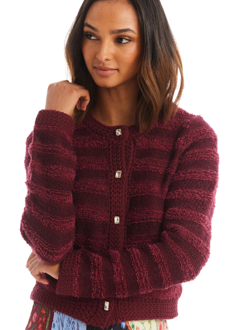 Allison Lucy Cardigan- Merlot-Hand In Pocket