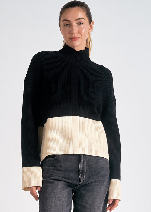 Elan Vivian Mockneck Sweater- Black/ White-Hand In Pocket