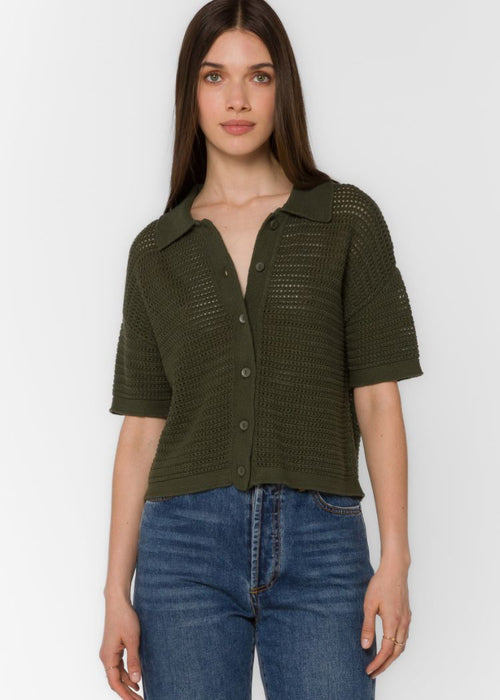 Velvet Heart Claudine Button Up Shirt- Military Olive-Hand In Pocket