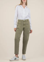 KUT Kiera High Rise Barrel Jean- Olive-Hand In Pocket