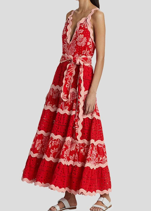 Cecilia Printed Maxi Dress- Red-Hand In Pocket