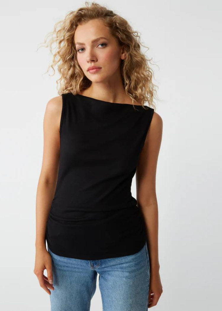 Coco Ruched Boatneck Top- Black-Hand In Pocket