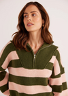 MINKPINK Darcy 1/4 Zip Knit Jumper- Khaki Stripe-Hand In Pocket