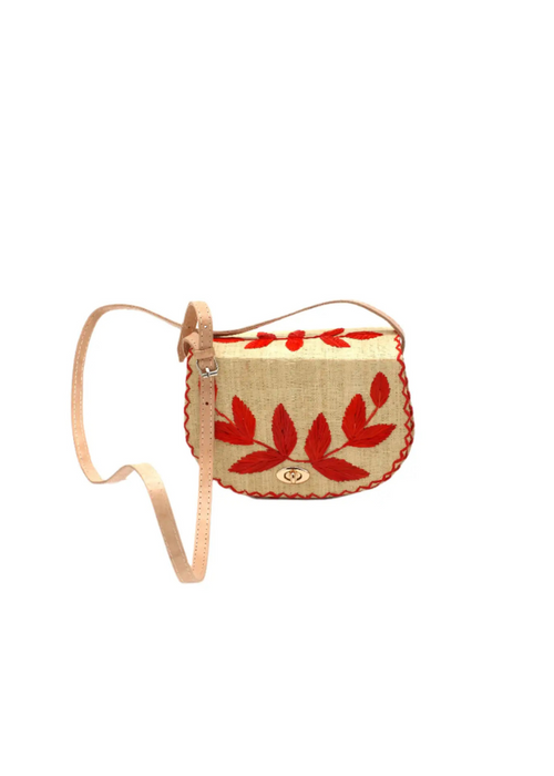 70's Embroidered Vines Straw Crossbody - Coral-Hand In Pocket