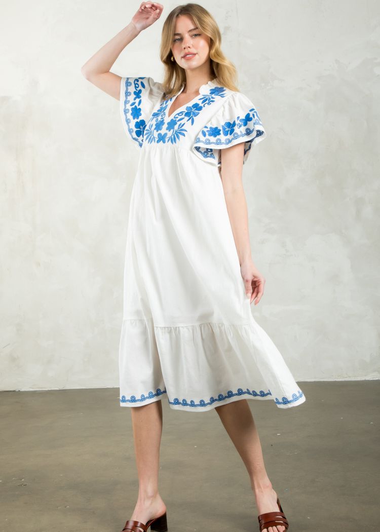 THML Juliana Embroidered Detail Dress- Cream Blue-Hand In Pocket